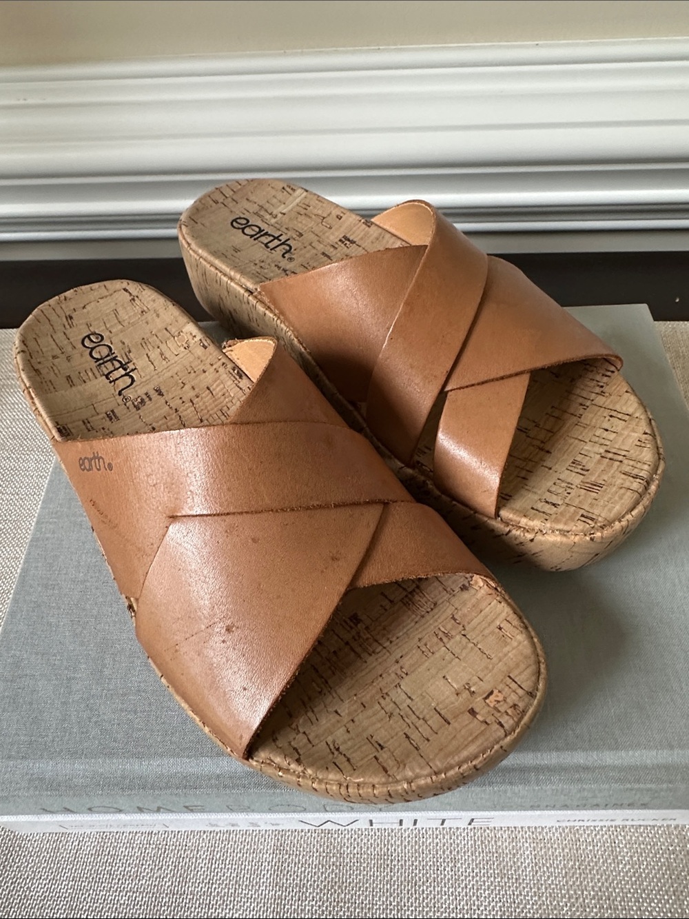 Earth Tan Leather Cork Crossband Slide Sandals